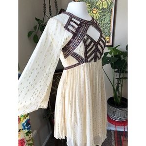 Free People Cream and Brown Long Sleeve Dress